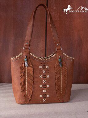 Montana West Purse Western Feather Saddle Stitch Concealed Carry Tote Handbag